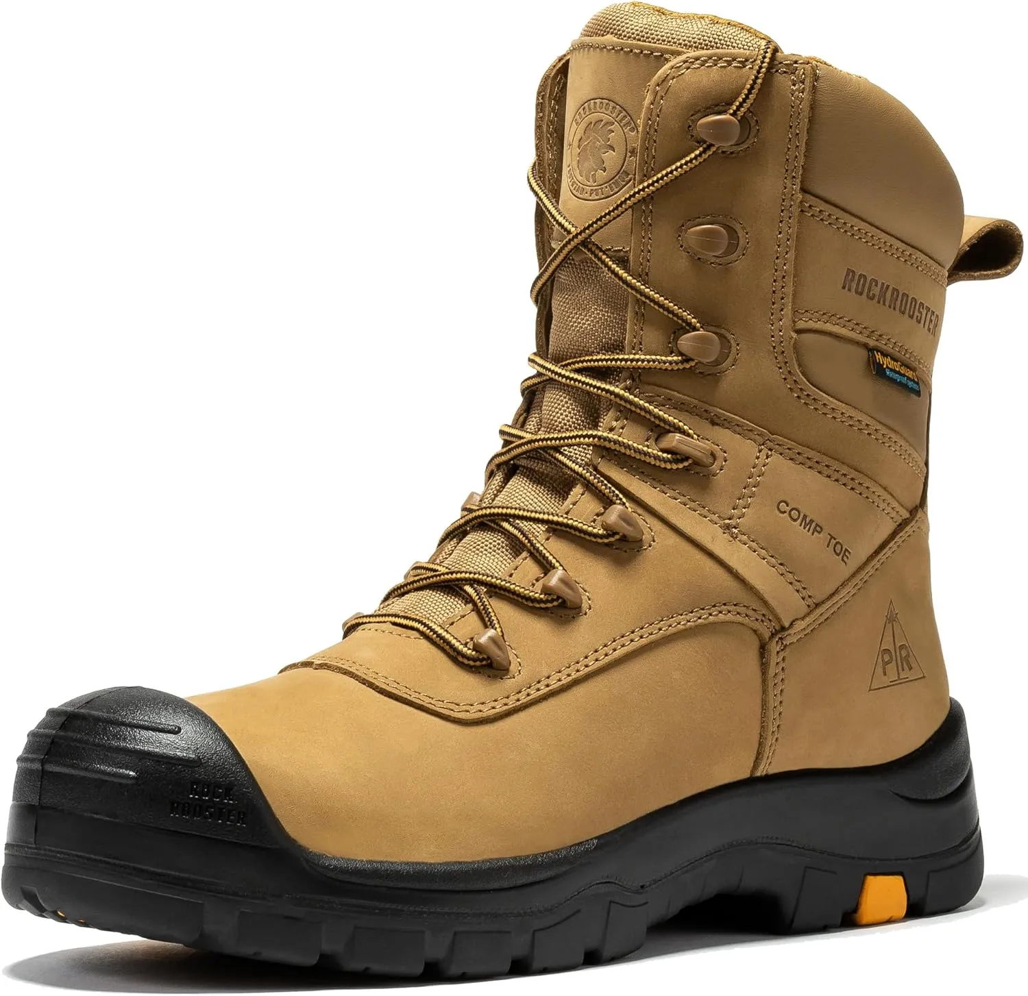 ROCKROOSTER Beaufort CSA Men's Work Boots, 8" Composite Toe Waterproof Black Vibram Rubber Lace up Leather Construction Boots, Metal Free, Cut Resistant, ASTM F2413-18 PR EH, VAK830