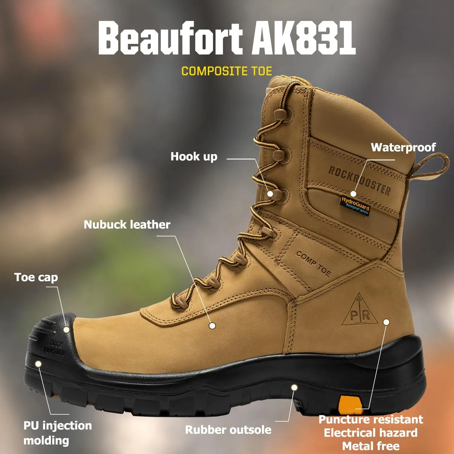 ROCKROOSTER Beaufort CSA Men's Work Boots, 8" Composite Toe Waterproof Black Vibram Rubber Lace up Leather Construction Boots, Metal Free, Cut Resistant, ASTM F2413-18 PR EH, VAK830
