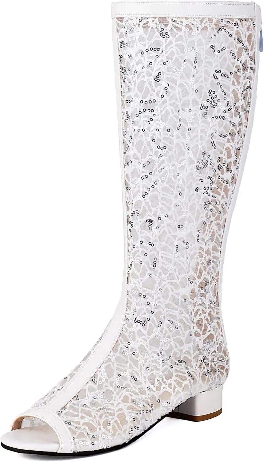 SACFOF Women's Chunky Block Heel Open Toe Sandals Mesh Gladiator Flat Boots Back Zipper Low Heel Knee High Booties