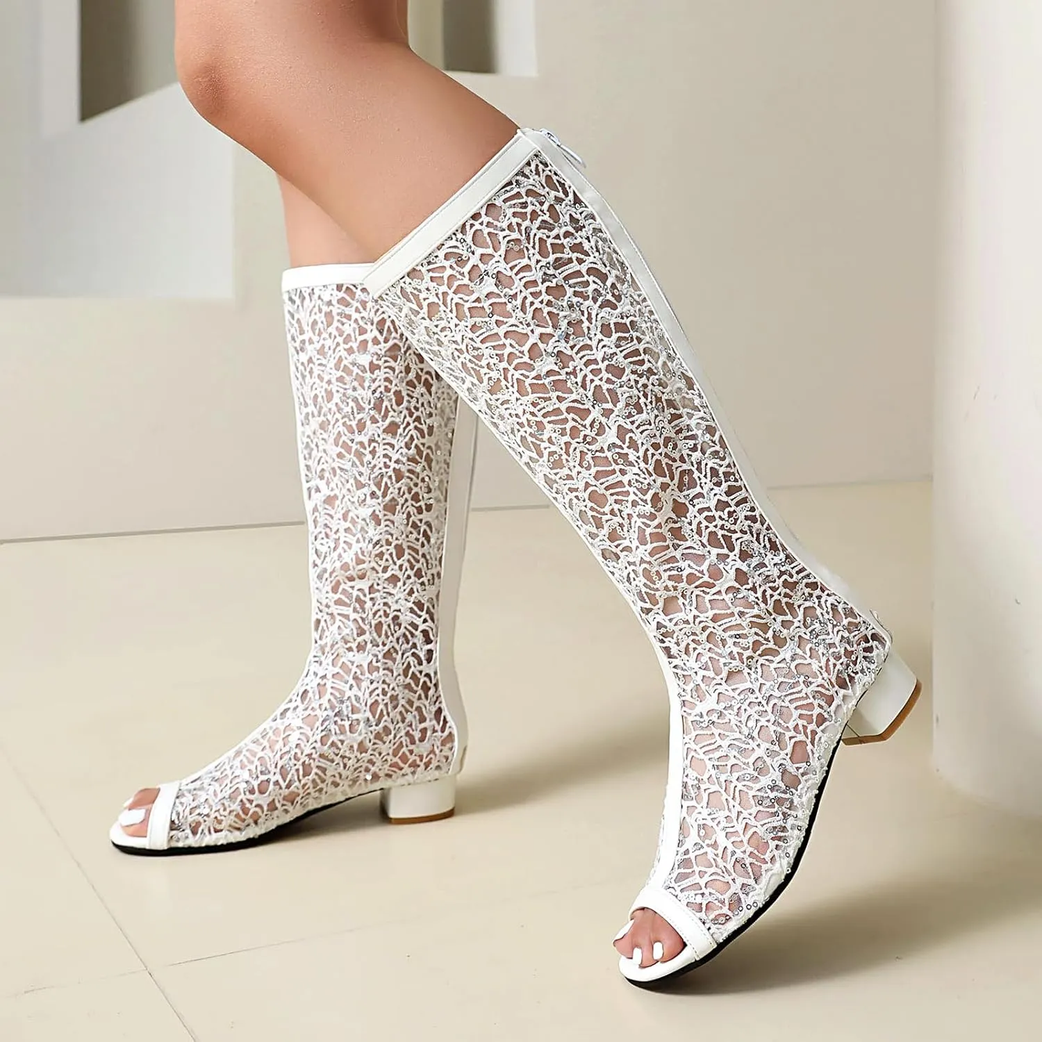 SACFOF Women's Chunky Block Heel Open Toe Sandals Mesh Gladiator Flat Boots Back Zipper Low Heel Knee High Booties