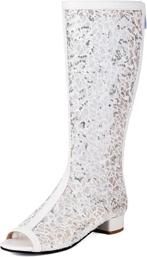 SACFOF Women's Chunky Block Heel Open Toe Sandals Mesh Gladiator Flat Boots Back Zipper Low Heel Knee High Booties