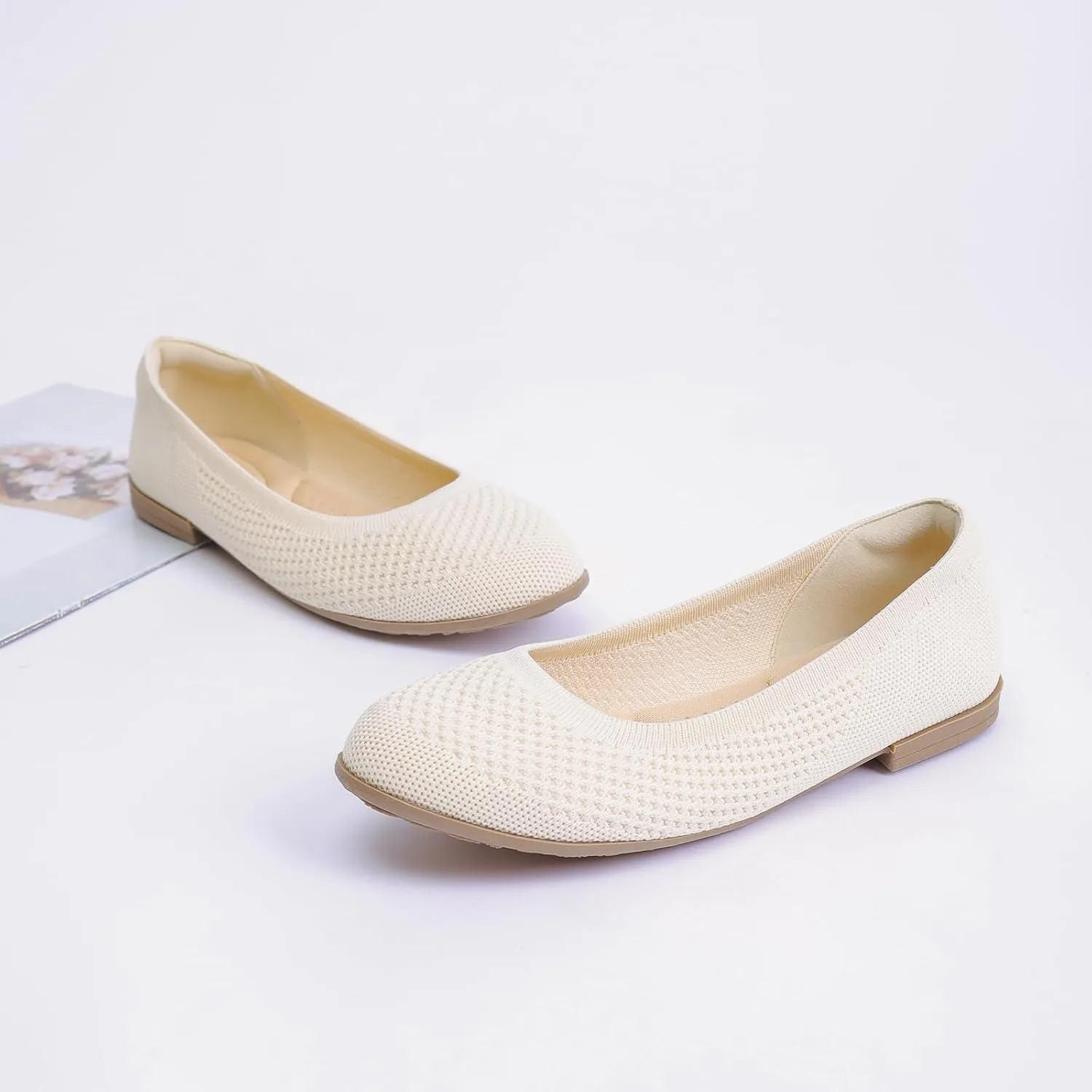 Saidoteto Women's Ballet Flats - Comfortable Round Toe Knit Slip-On Shoes, Casual Office Dress Flats for Work