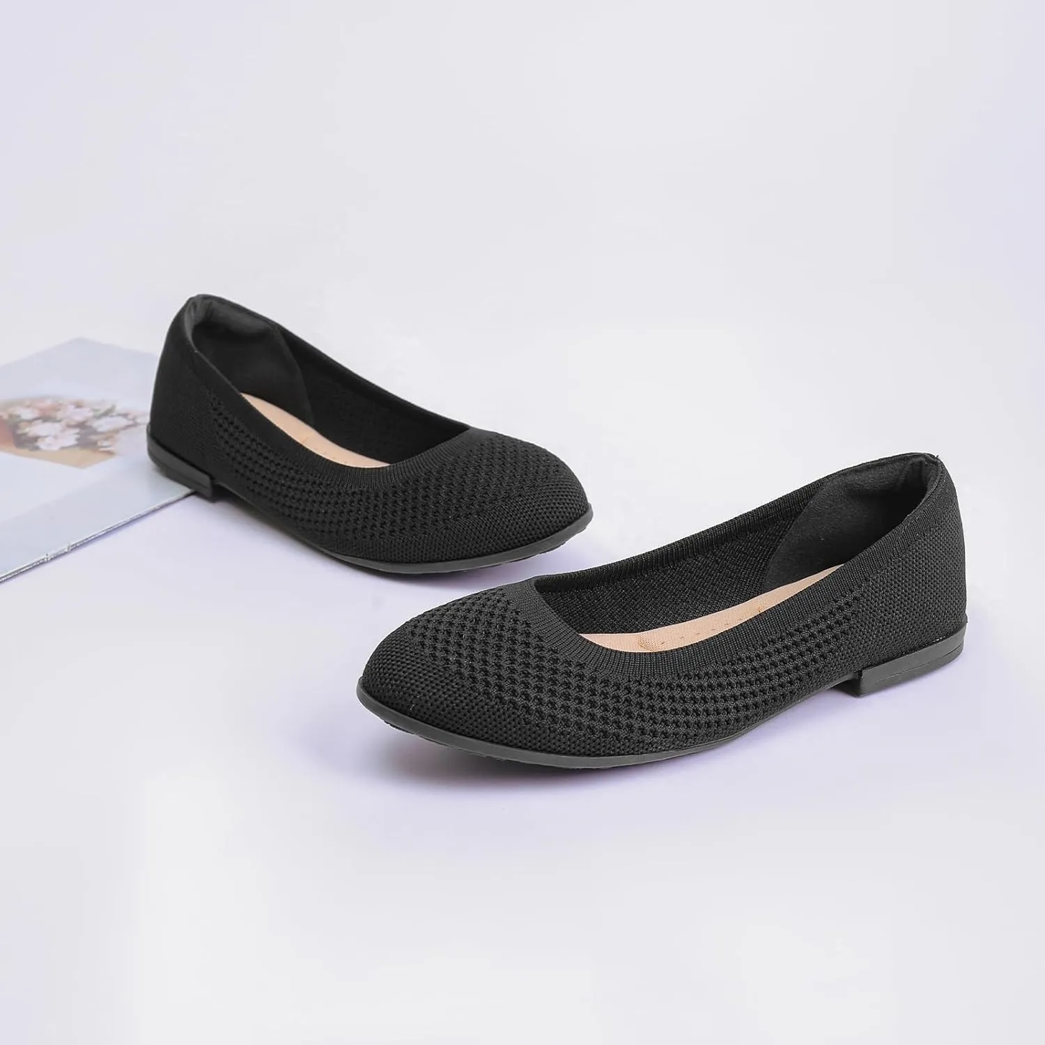 Saidoteto Women's Ballet Flats - Comfortable Round Toe Knit Slip-On Shoes, Casual Office Dress Flats for Work
