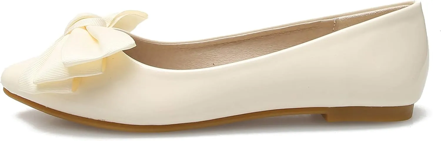 SAILING LU Womens Pointed Toe Shoes PU Ballet Flats Bow-Knot Dress Shoes Slip-on Comfortable Wear to Work Walking Flat Slip-ons