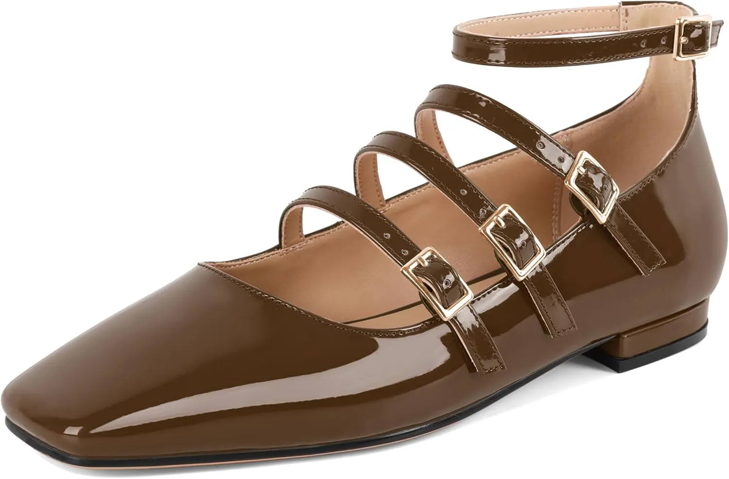 SAMMITOP Mary Jane Shoes Women Ballet Flats Low Block Heel Square Toe Flats Ankle Strap Pumps Wedding Dressy