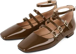 SAMMITOP Mary Jane Shoes Women Ballet Flats Low Block Heel Square Toe Flats Ankle Strap Pumps Wedding Dressy
