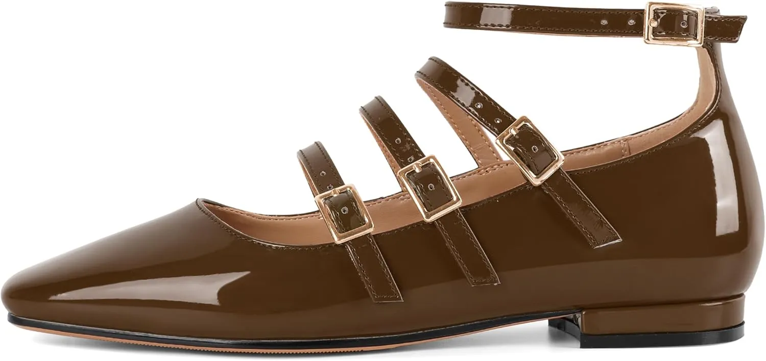 SAMMITOP Mary Jane Shoes Women Ballet Flats Low Block Heel Square Toe Flats Ankle Strap Pumps Wedding Dressy
