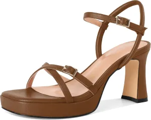 SAMMITOP Platform Heels for Women High Block Chunky Heeled Sandals Open Square Toe Cross Strappy Heels Fashion Wedding Party Dress Shoes 3.5 Inch