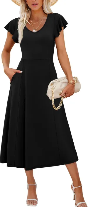 SAMPEEL Summer Dresses for Women 2025 Midi Maxi Dress Elegant Classy Ruffle Sleeve Tie Back Scoop Neck