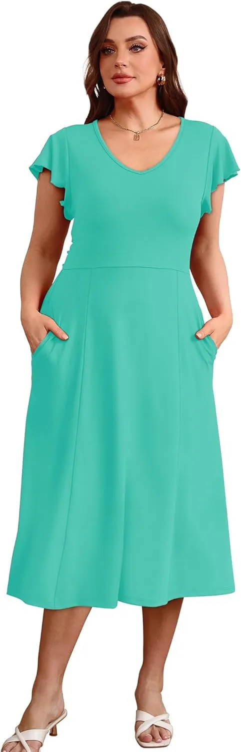 SAMPEEL Summer Dresses for Women 2025 Midi Maxi Dress Elegant Classy Ruffle Sleeve Tie Back Scoop Neck