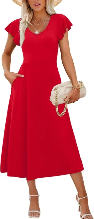 SAMPEEL Summer Dresses for Women 2025 Midi Maxi Dress Elegant Classy Ruffle Sleeve Tie Back Scoop Neck