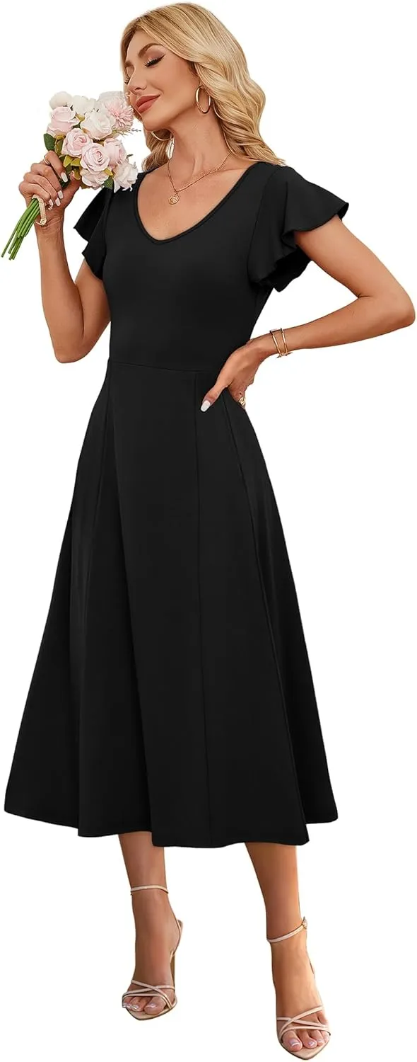 SAMPEEL Summer Dresses for Women 2025 Midi Maxi Dress Elegant Classy Ruffle Sleeve Tie Back Scoop Neck