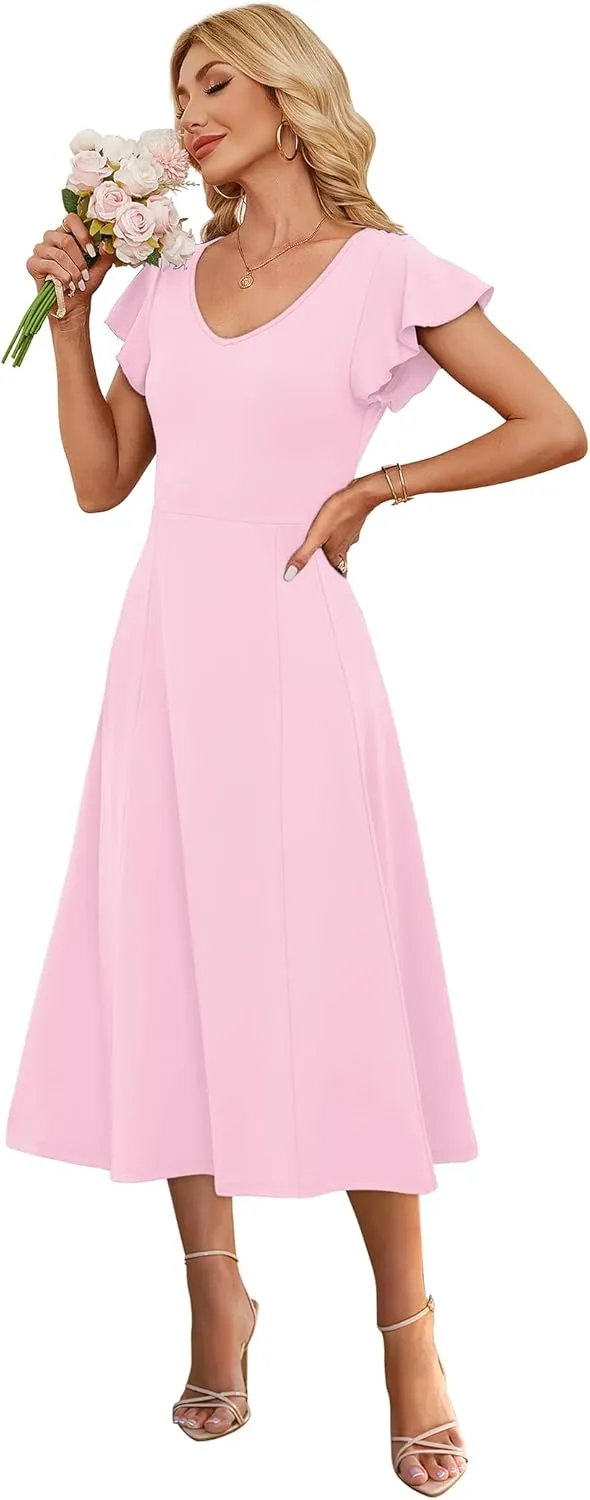 SAMPEEL Summer Dresses for Women 2025 Midi Maxi Dress Elegant Classy Ruffle Sleeve Tie Back Scoop Neck