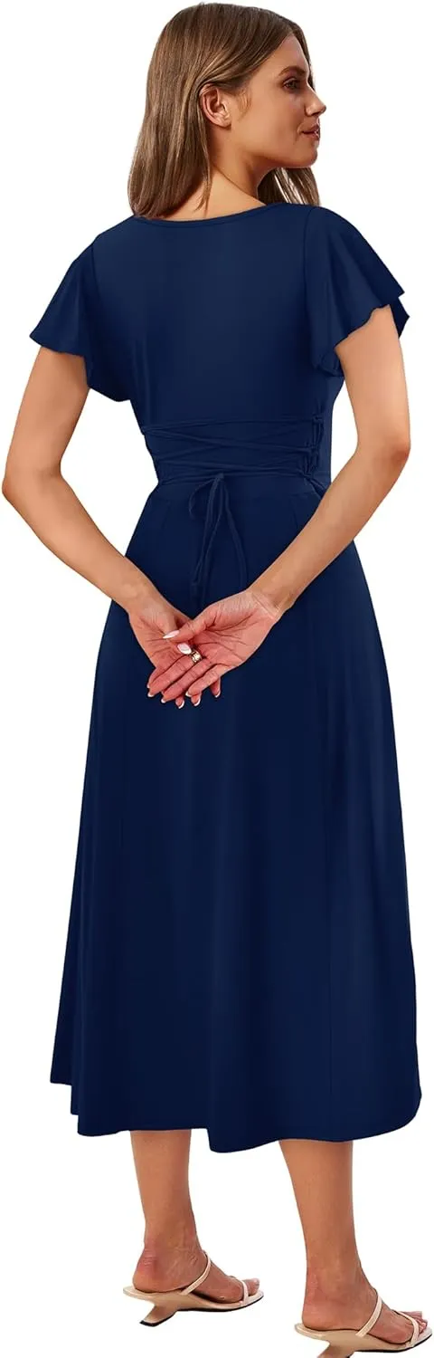 SAMPEEL Summer Dresses for Women 2025 Midi Maxi Dress Elegant Classy Ruffle Sleeve Tie Back Scoop Neck
