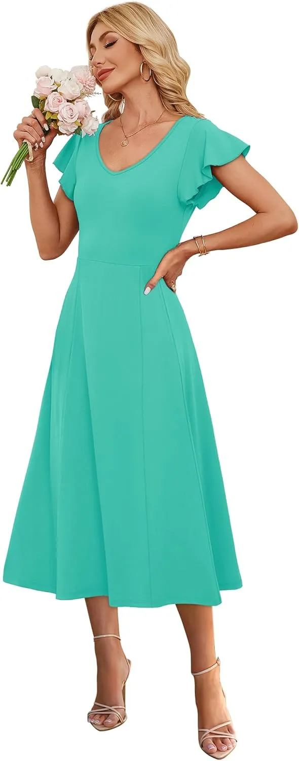 SAMPEEL Summer Dresses for Women 2025 Midi Maxi Dress Elegant Classy Ruffle Sleeve Tie Back Scoop Neck