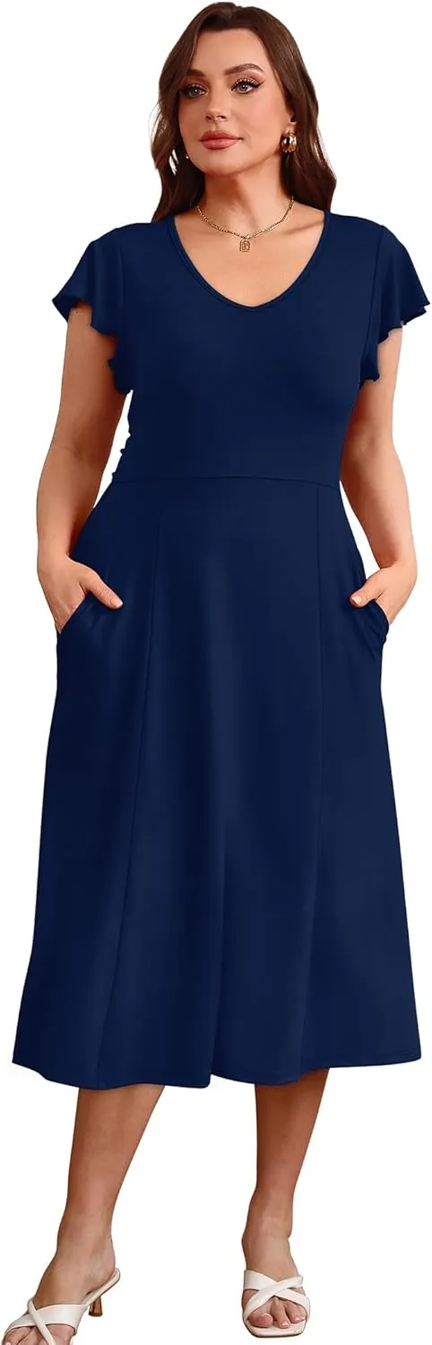 SAMPEEL Summer Dresses for Women 2025 Midi Maxi Dress Elegant Classy Ruffle Sleeve Tie Back Scoop Neck