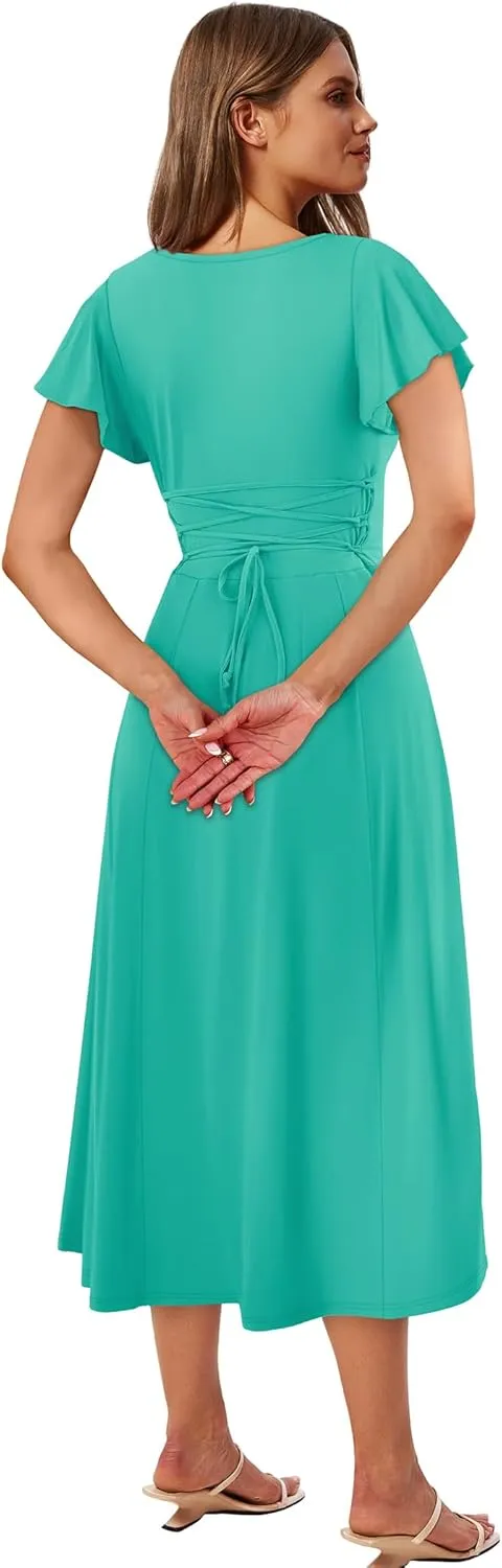 SAMPEEL Summer Dresses for Women 2025 Midi Maxi Dress Elegant Classy Ruffle Sleeve Tie Back Scoop Neck