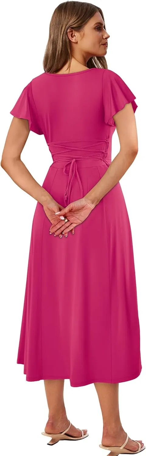 SAMPEEL Summer Dresses for Women 2025 Midi Maxi Dress Elegant Classy Ruffle Sleeve Tie Back Scoop Neck