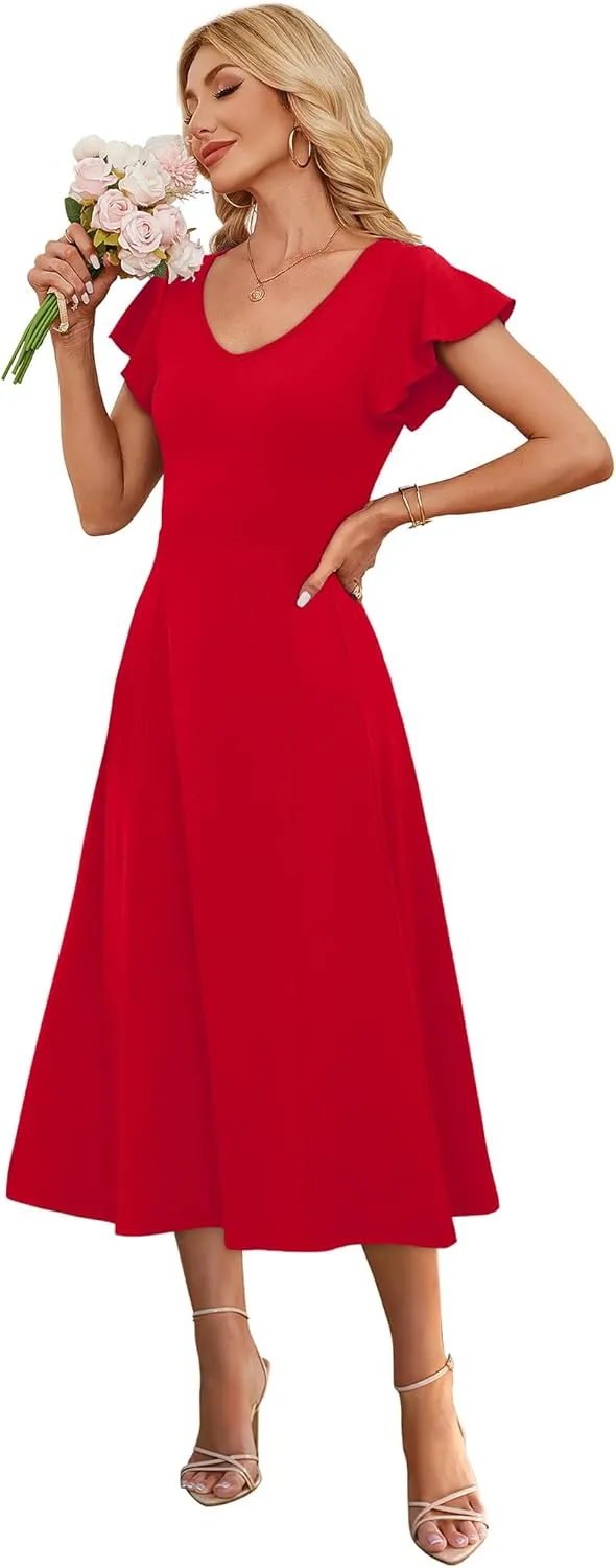SAMPEEL Summer Dresses for Women 2025 Midi Maxi Dress Elegant Classy Ruffle Sleeve Tie Back Scoop Neck