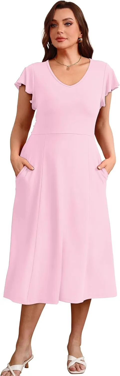 SAMPEEL Summer Dresses for Women 2025 Midi Maxi Dress Elegant Classy Ruffle Sleeve Tie Back Scoop Neck
