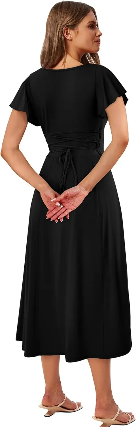 SAMPEEL Summer Dresses for Women 2025 Midi Maxi Dress Elegant Classy Ruffle Sleeve Tie Back Scoop Neck
