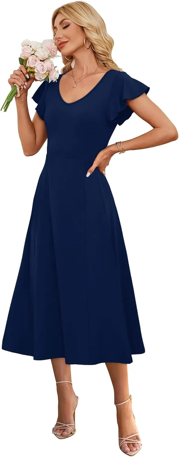 SAMPEEL Summer Dresses for Women 2025 Midi Maxi Dress Elegant Classy Ruffle Sleeve Tie Back Scoop Neck
