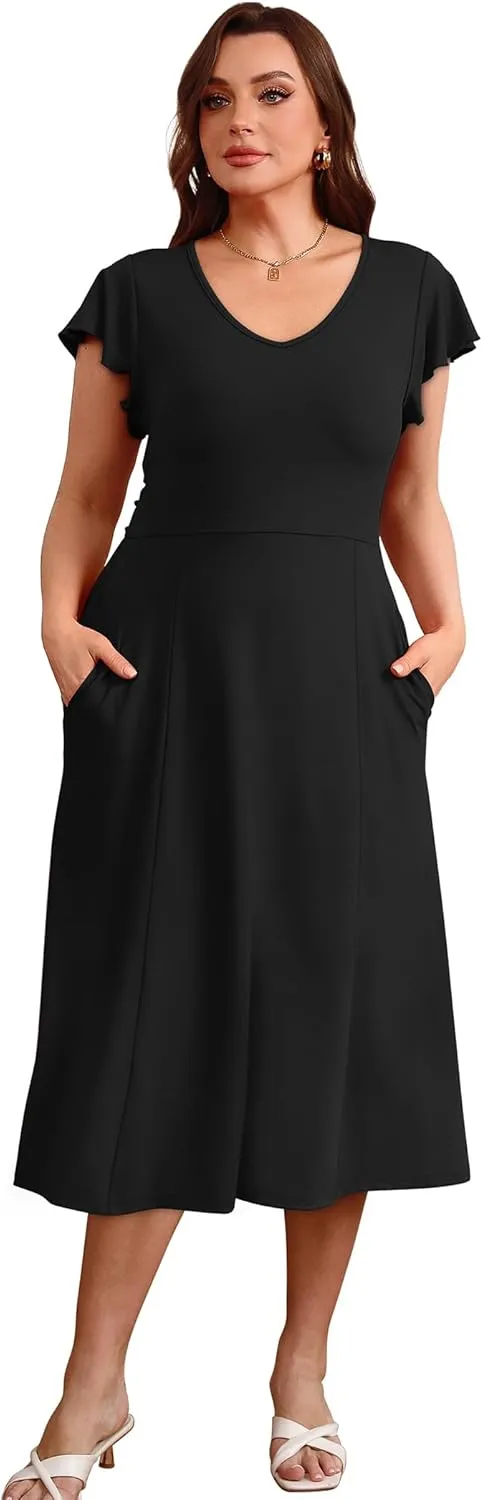 SAMPEEL Summer Dresses for Women 2025 Midi Maxi Dress Elegant Classy Ruffle Sleeve Tie Back Scoop Neck