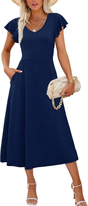 SAMPEEL Summer Dresses for Women 2025 Midi Maxi Dress Elegant Classy Ruffle Sleeve Tie Back Scoop Neck
