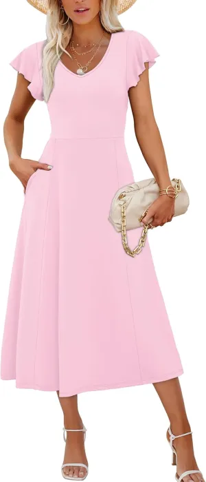 SAMPEEL Summer Dresses for Women 2025 Midi Maxi Dress Elegant Classy Ruffle Sleeve Tie Back Scoop Neck