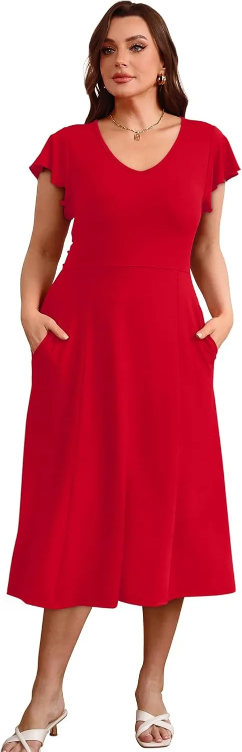 SAMPEEL Summer Dresses for Women 2025 Midi Maxi Dress Elegant Classy Ruffle Sleeve Tie Back Scoop Neck