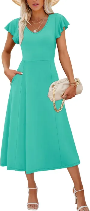 SAMPEEL Summer Dresses for Women 2025 Midi Maxi Dress Elegant Classy Ruffle Sleeve Tie Back Scoop Neck