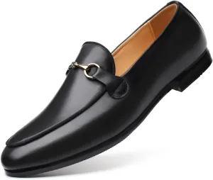 Santimon Men's Slip-on Black Leather Loafers with Snaffle Bit Moccasins Formal Wedding Dress Casual Shoes