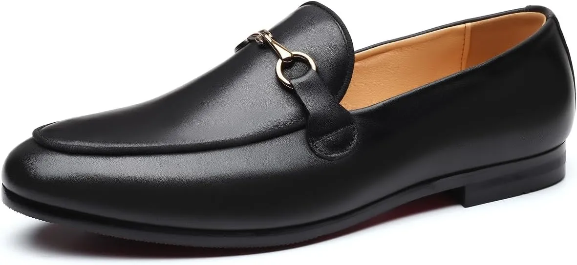 Santimon Men's Slip-on Black Leather Loafers with Snaffle Bit Moccasins Formal Wedding Dress Casual Shoes
