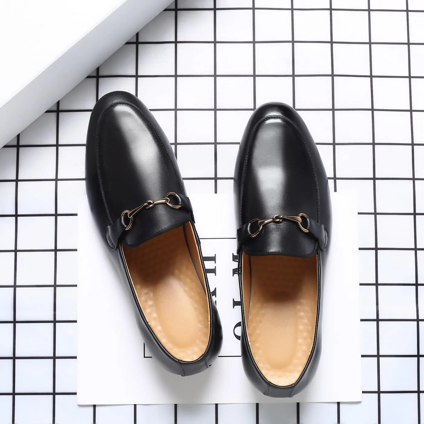 Santimon Men's Slip-on Black Leather Loafers with Snaffle Bit Moccasins Formal Wedding Dress Casual Shoes