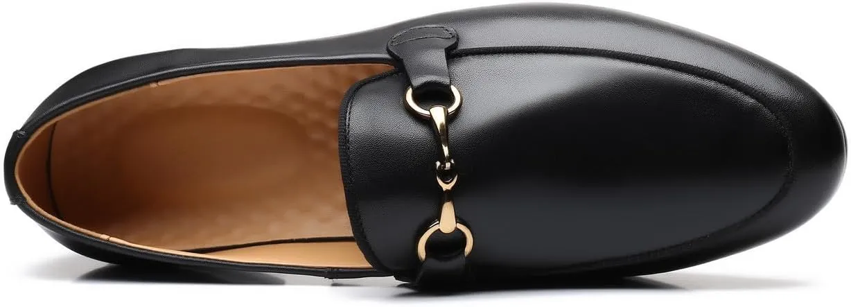 Santimon Men's Slip-on Black Leather Loafers with Snaffle Bit Moccasins Formal Wedding Dress Casual Shoes