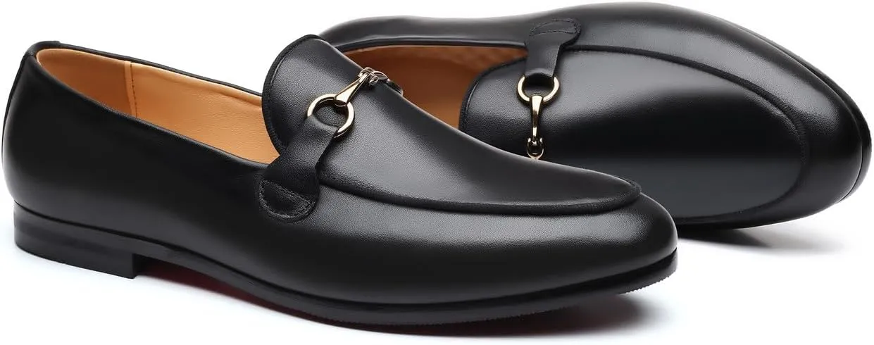 Santimon Men's Slip-on Black Leather Loafers with Snaffle Bit Moccasins Formal Wedding Dress Casual Shoes