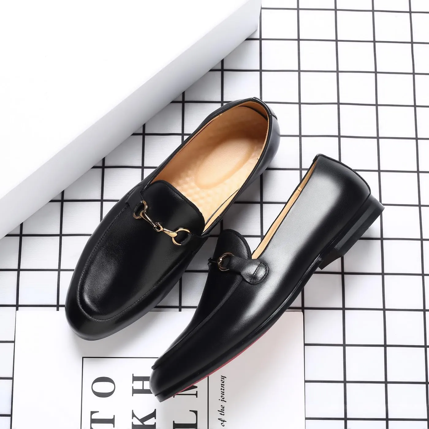 Santimon Men's Slip-on Black Leather Loafers with Snaffle Bit Moccasins Formal Wedding Dress Casual Shoes