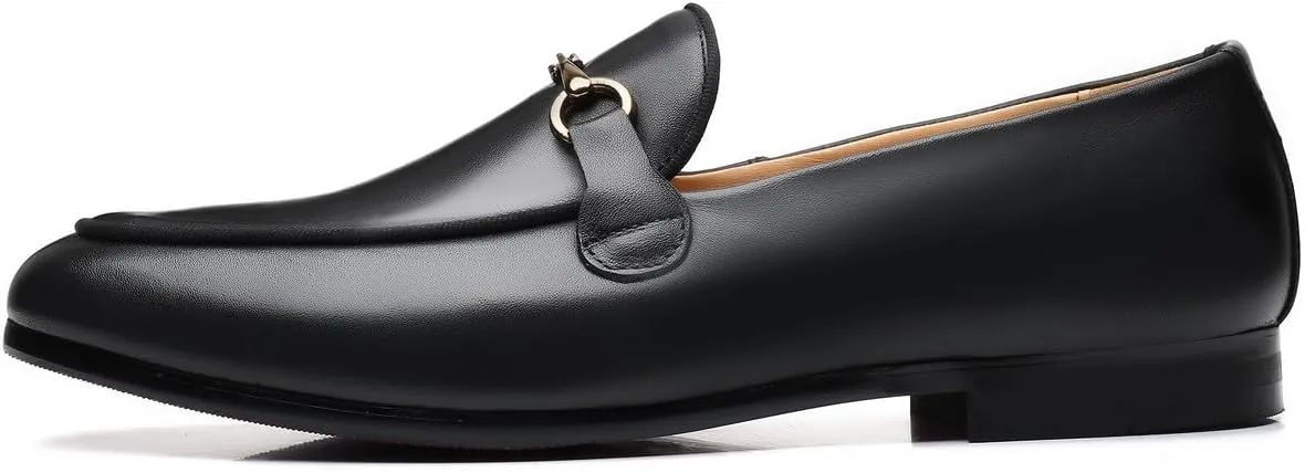 Santimon Men's Slip-on Black Leather Loafers with Snaffle Bit Moccasins Formal Wedding Dress Casual Shoes