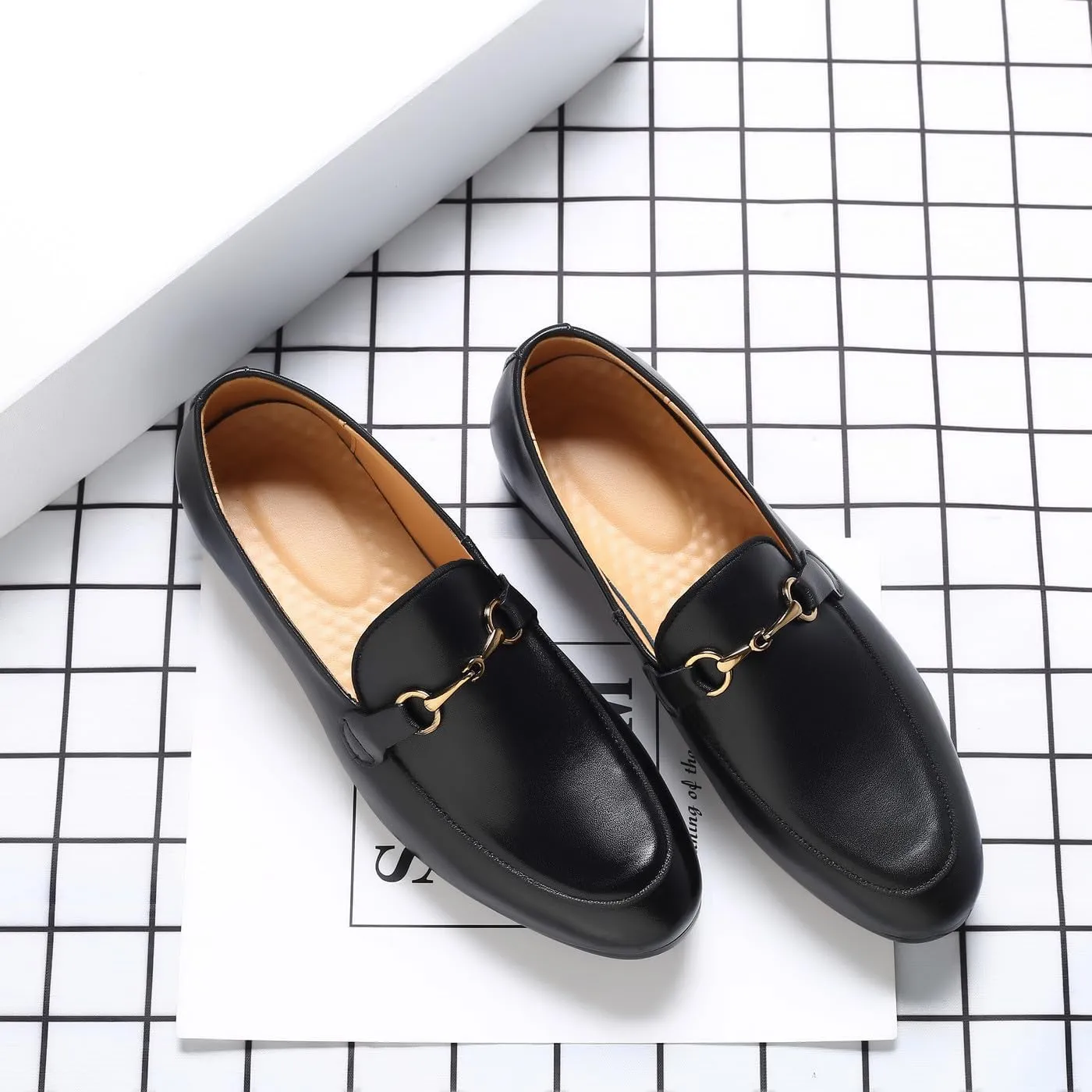 Santimon Men's Slip-on Black Leather Loafers with Snaffle Bit Moccasins Formal Wedding Dress Casual Shoes