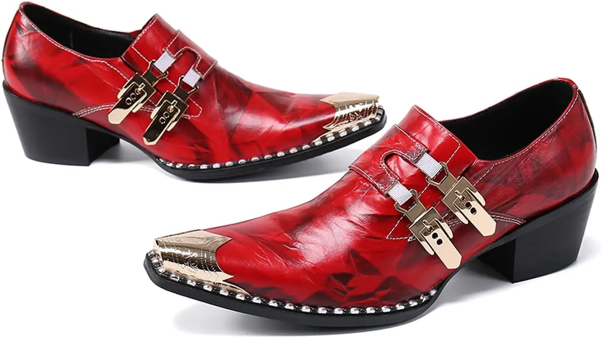 Santimon Mens Western Boots Leather Fashion Casual Metal Tip Slip on Dress Shoes