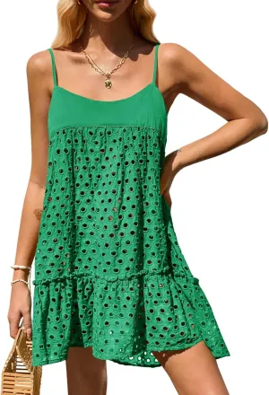 Saodimallsu Womens Crochet Cover Up Summer Spaghetti Strap Hollow Out Fringe Tie Back Beach Coverup Cami Dress