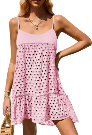 Saodimallsu Womens Crochet Cover Up Summer Spaghetti Strap Hollow Out Fringe Tie Back Beach Coverup Cami Dress