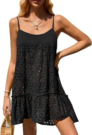 Saodimallsu Womens Crochet Cover Up Summer Spaghetti Strap Hollow Out Fringe Tie Back Beach Coverup Cami Dress