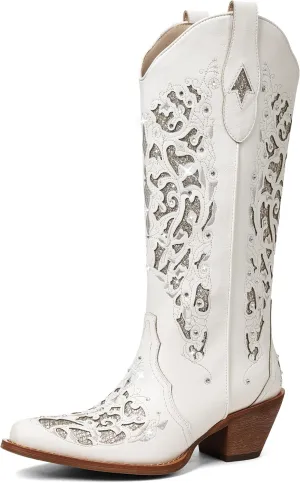 SaraIris Black Cowgirl Boots for Women Cowboy Boots Western Boots Chunky Heel Pointed Toe Pull On Rhinestones Knee High Boots