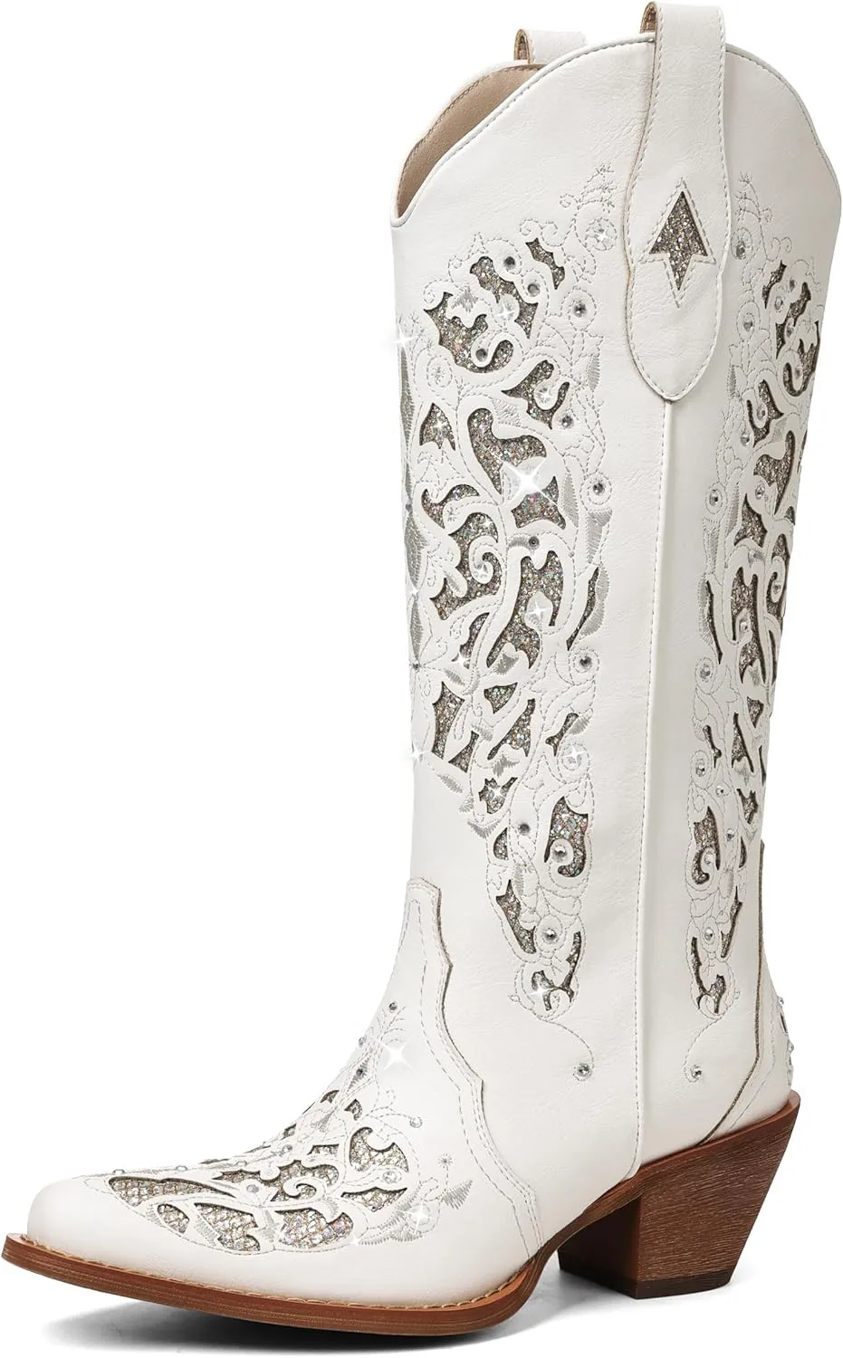 SaraIris Black Cowgirl Boots for Women Cowboy Boots Western Boots Chunky Heel Pointed Toe Pull On Rhinestones Knee High Boots