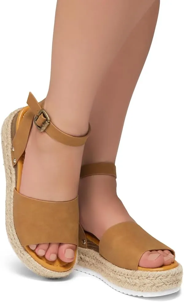 Shoe Land Legossa Womens Platform Sandals Ankle Strap Espadrilles Comfortable Open Toe Flatform Wedge Casual Sandal Black White Tan Platform Sandals for Summer