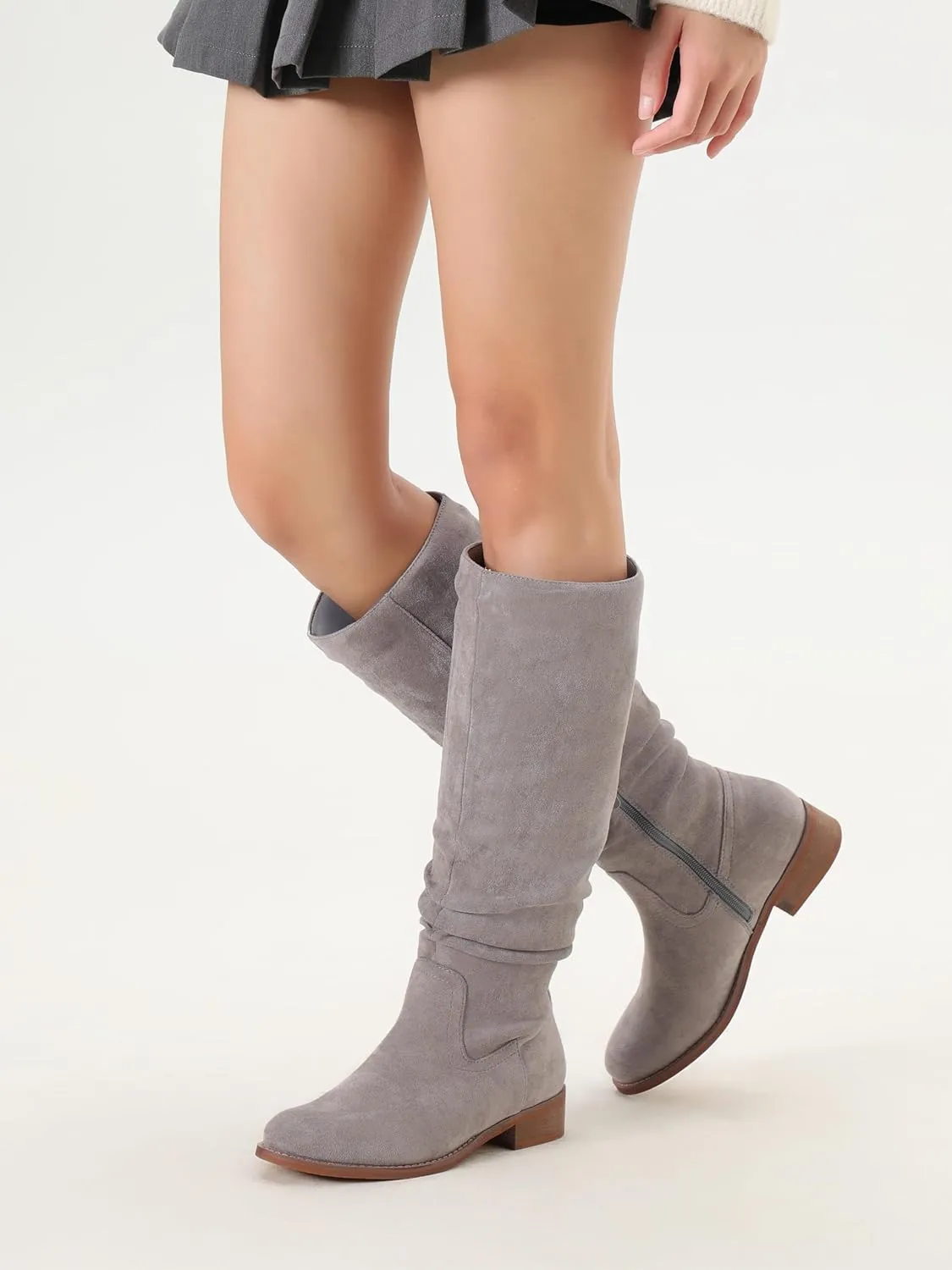 Shoe'N Tale Women's Knee High Boots Flat Low Heel Slouch Pointed Toe Winter Shoes with Side Zipper