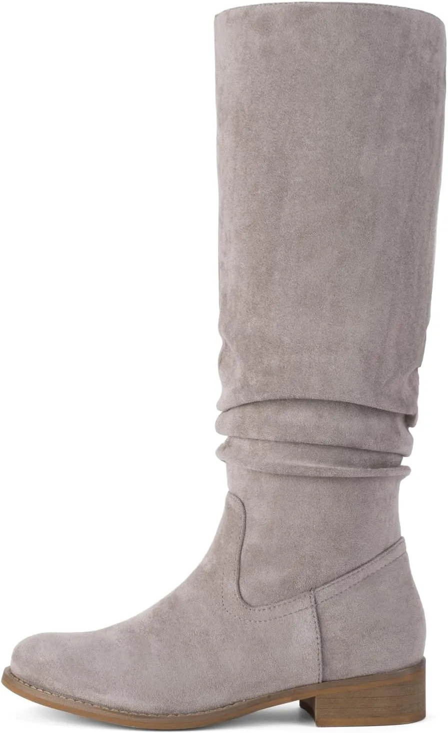 Shoe'N Tale Women's Knee High Boots Flat Low Heel Slouch Pointed Toe Winter Shoes with Side Zipper