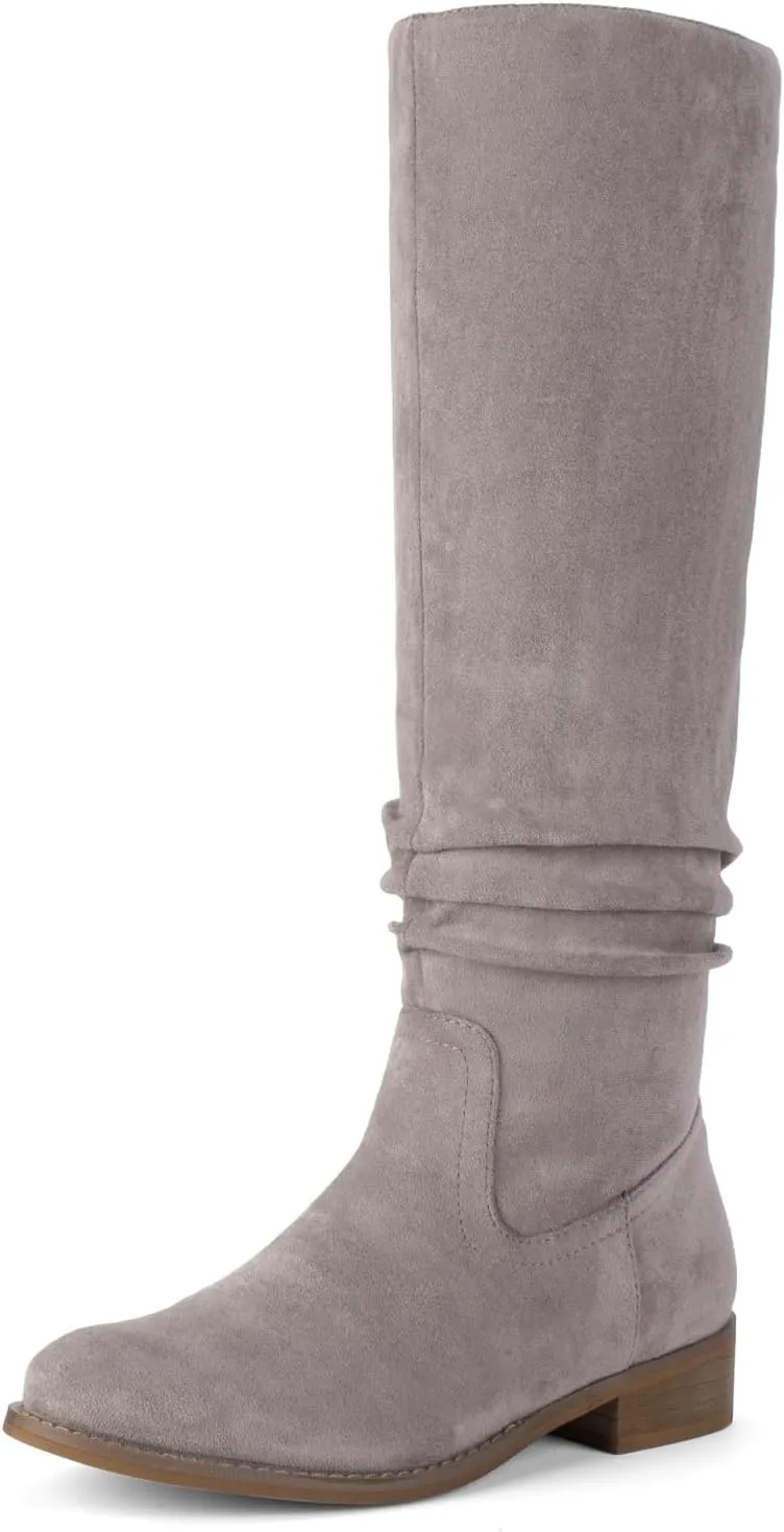Shoe'N Tale Women's Knee High Boots Flat Low Heel Slouch Pointed Toe Winter Shoes with Side Zipper