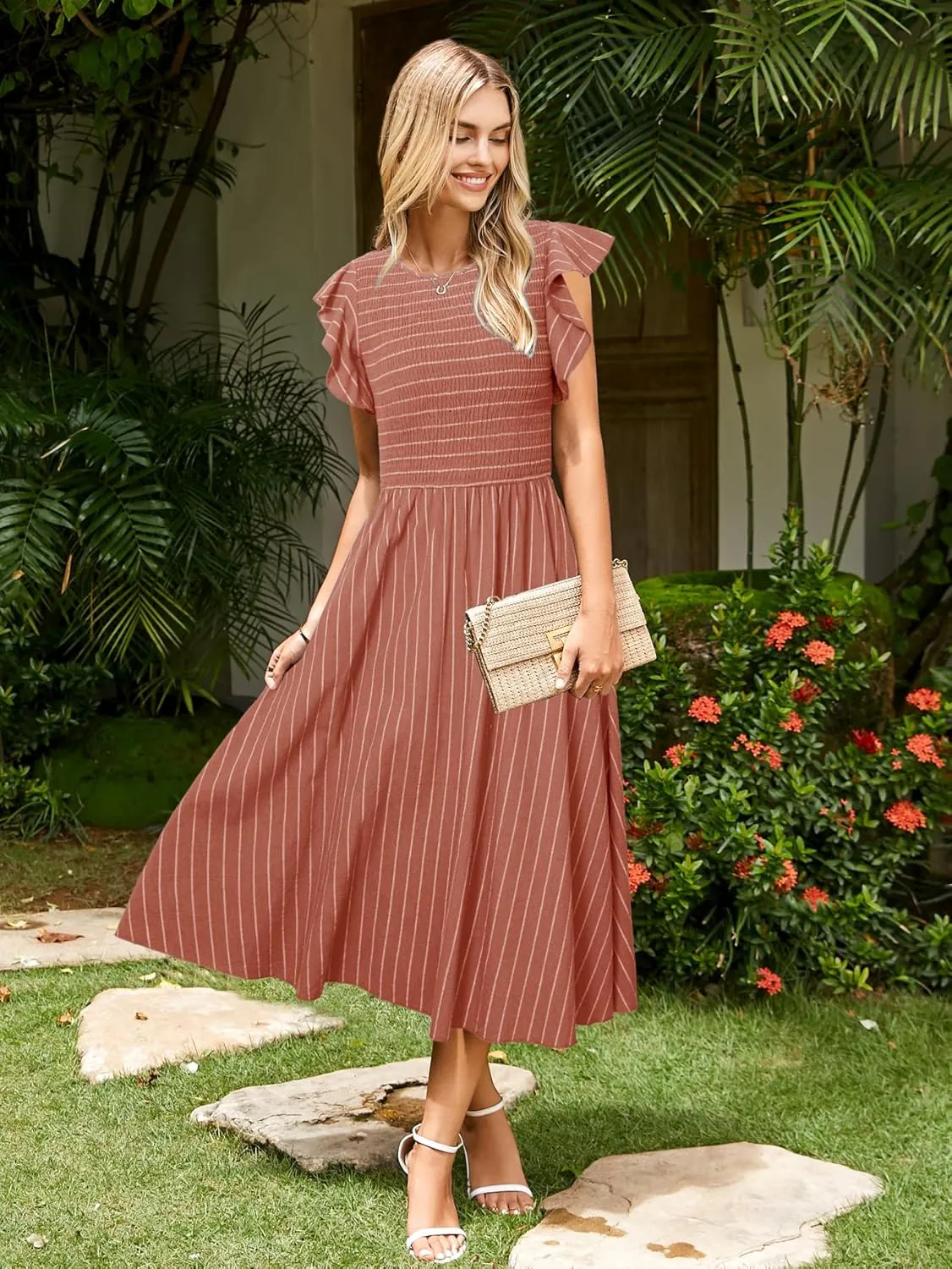 Simplee Womens Striped Midi Summer Dress Smocked Flutter Short Sleeve Dress 2025 Flowy Casual Dress with Pockets